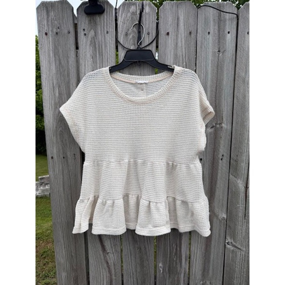 Boho Waffle Knit Peplum MINE Tiered Ruffle Top Womens Large Cream